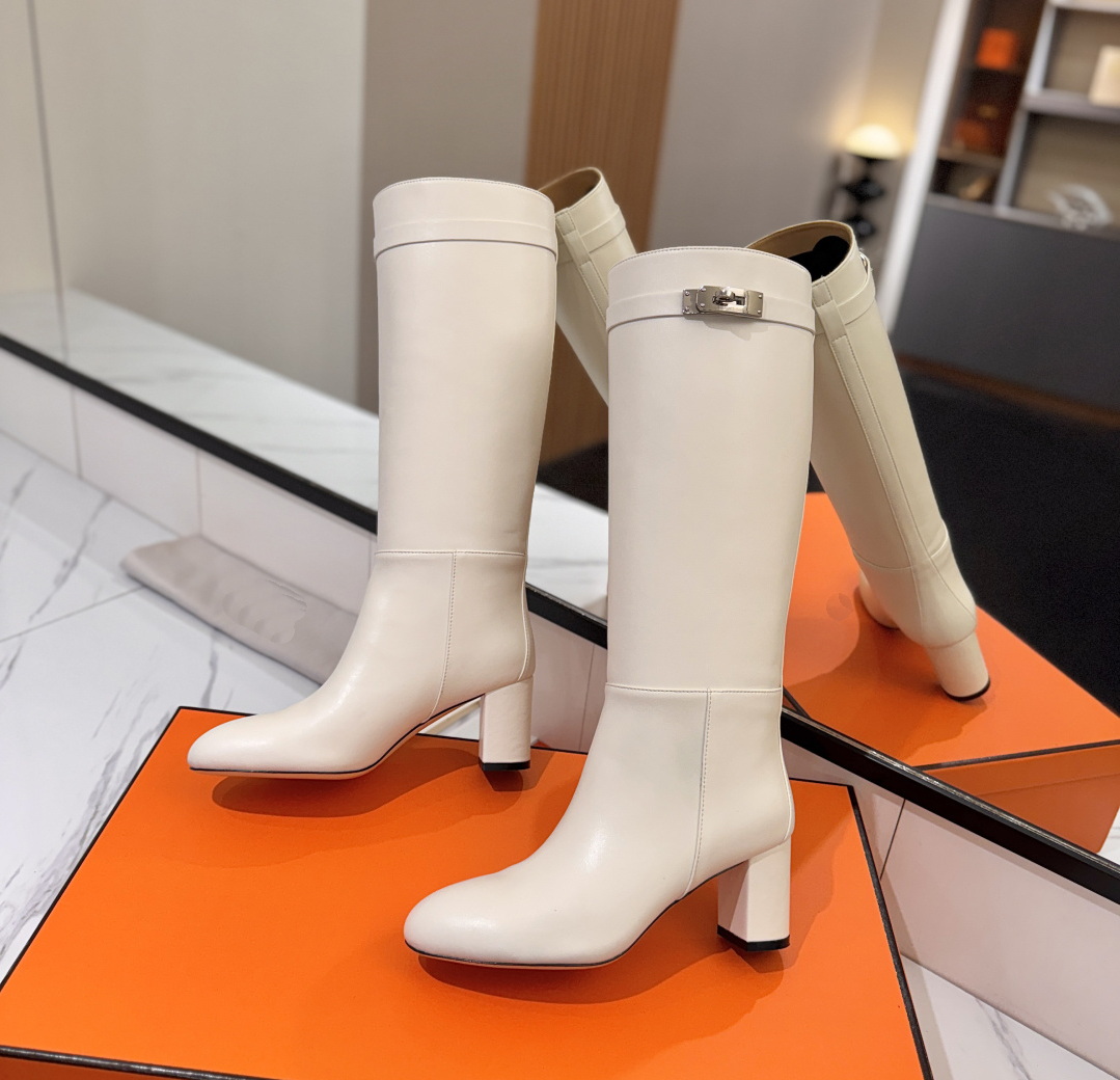 Luxury Dress Shoes Designer Women Boots Genuine Leather Knee High Boots High Quality Round Toe Knee Boots Block Heel Fold Top Tall Fashion Boots