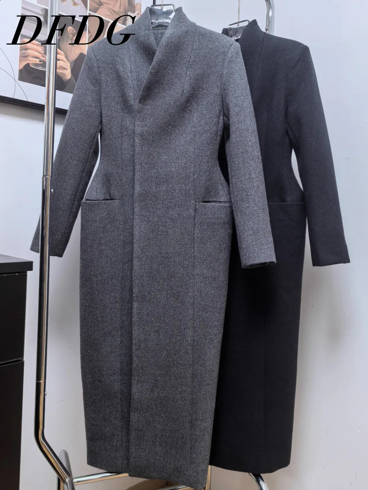 DFDG Women's Elegant Hourglass Wool Coat Single-Breasted Thickened Tweed Jacket Mid-Length Over Knee Semi-High V-Neck Coat 260920