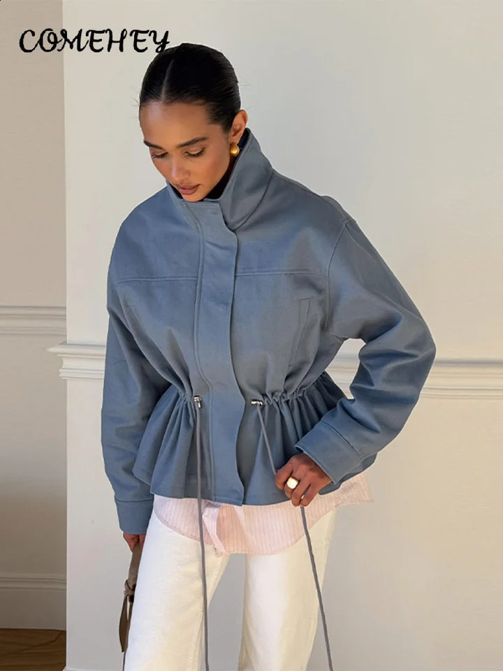 Fashion Solid Drawstring Waist Cinching Jacket Women Stand Full Sleeve Full Sleeve Pocket Jackets Autumn Casual Outwear 260920