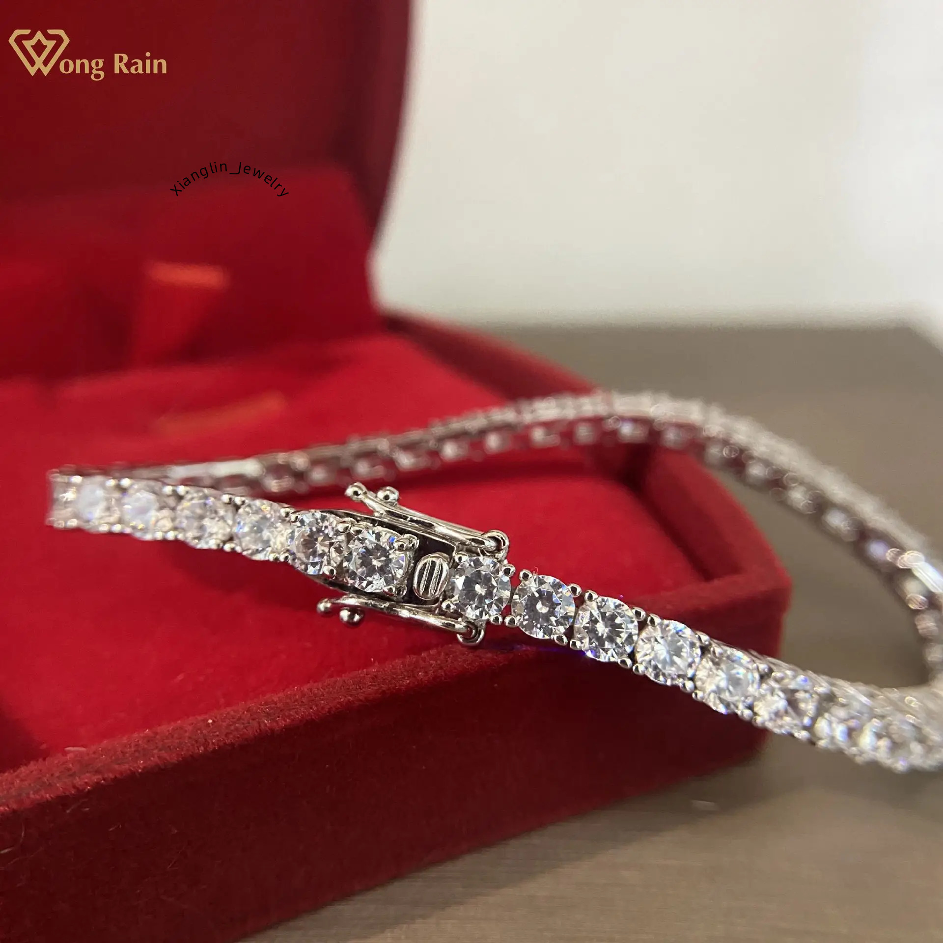 Wong Rain 925 Sterling Silver Real GRA Moissanite Gemstone Bangle Charm Wedding Bracelet Fine Jewelry Wholesale Drop Shipping