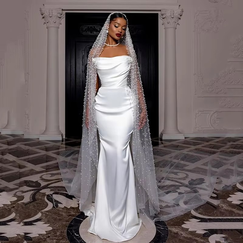 Simple Mermaid Wedding Dresses Strapless Pleats Floor Length Satin Bridal Dress Boho Beach Bride Gown Vestidos De Novia Customized
