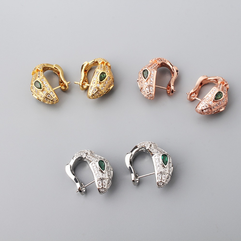 Luxury Snake Head Stud Earrings Gold Plated Green Crystal Eyes Cubic Zirconia Designer Women Fashion Jewelry Earrings
