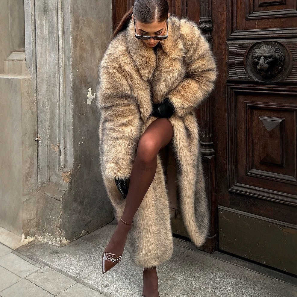 Fur Faux Women Long Coats Jackets Turn Down Collar Coat Thick War Y2k Streetwear Jacket Elegant Work Outerwear Autun Winter D260921