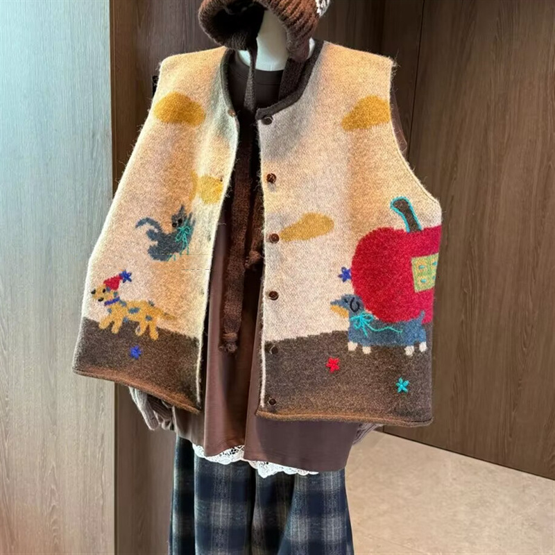 Korean-Style Cute Cartoon Embroidered Knit Vest, Loose-Fitting Versatile For Layering In Autumn And Winter, Sleeveless Top MAKOUFEI