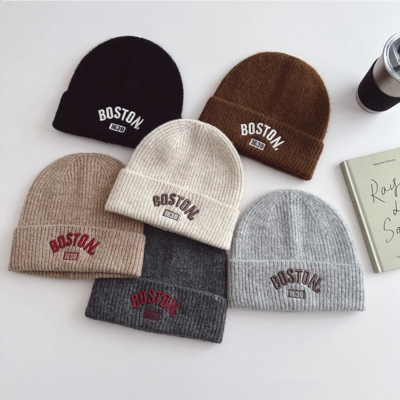 Letter Embroidered Kids Beanie Cap Winter Warm Knitted Wool Hat for Boy Girl Korean Ins Solid Color Children Skullcap 3-10Y 260920