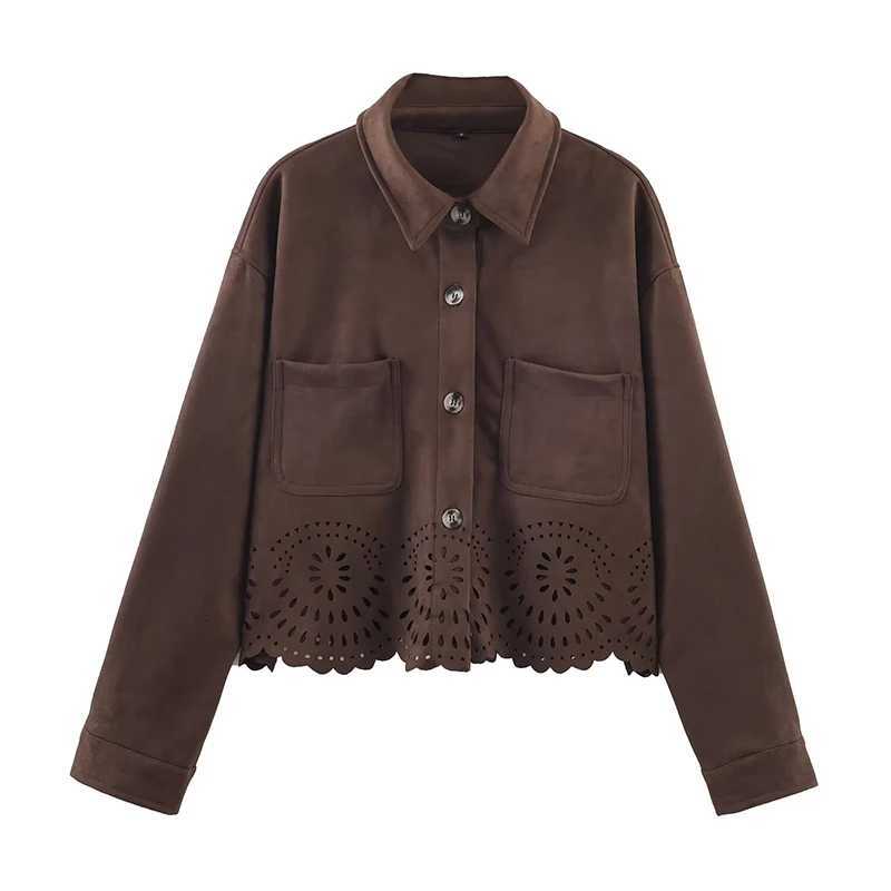 Women's Jackets Vintage Brown Die-Cut Hem With Pockets Faux Suede Jacket For Women Lapel Collar Long Sleeve Casual Loose Crop Outerwear C260921
