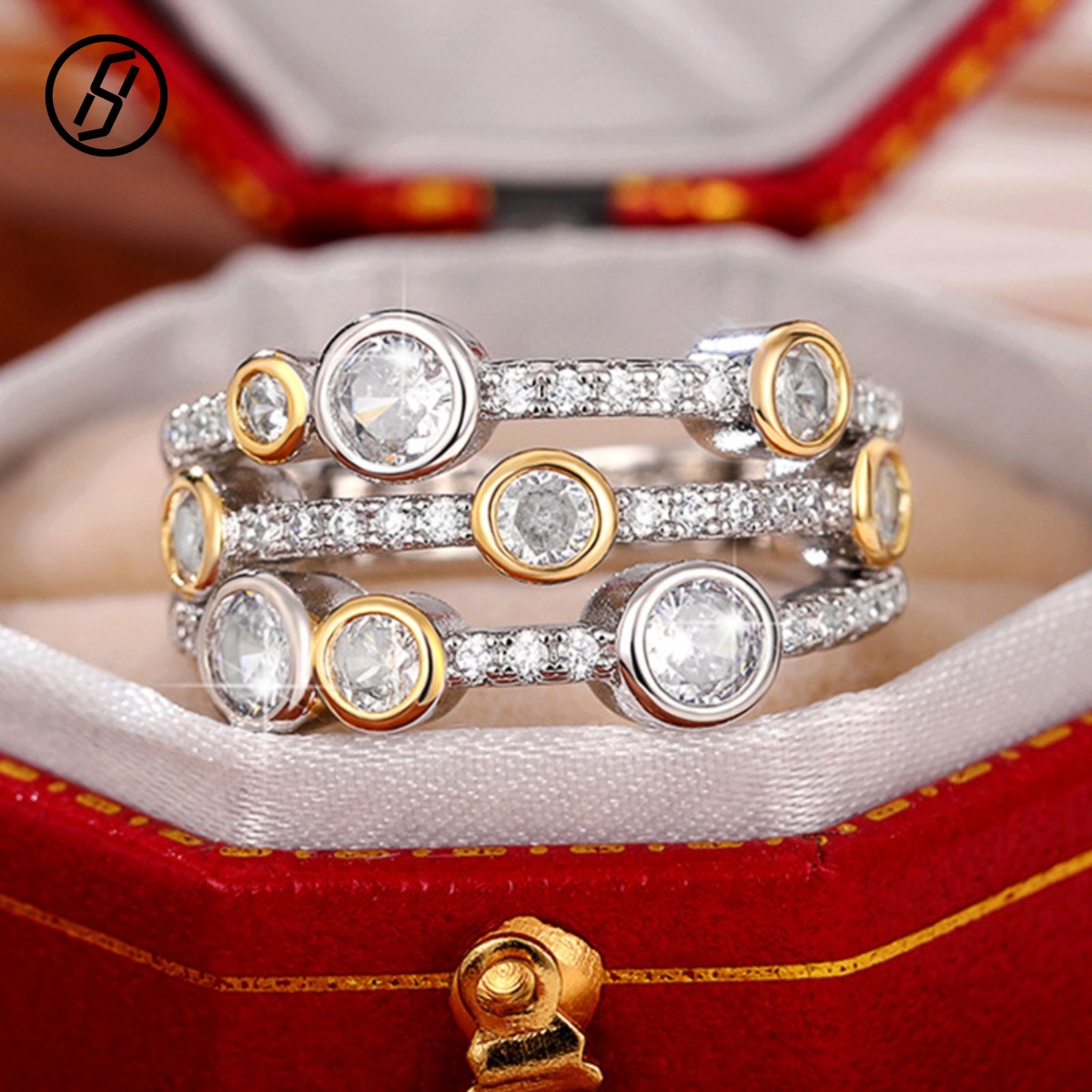 New French Multi Row Two-Tone Bezel CZ Statement Ring Silver Gold Plated Scattered Bubble Stacking Band for Women Designer Ring Wholesale
