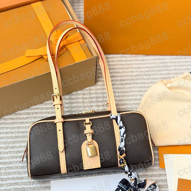 25X12CM Designer Monogram Letter Old Flower Bowling Tote Underarm Shoulder Bag Zipper Pouch With Lock Scarf Large Capacity Mens Womens Brand Luxury