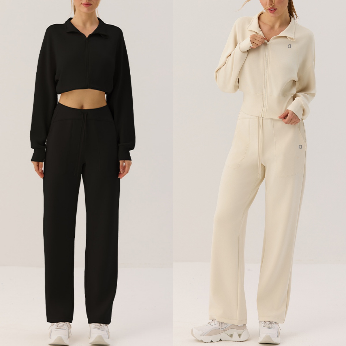 A2973 Leisure Sports Zipper Cardigan Jacket Coat Women's Autumn and Winter High Waist Straight Wide-leg Pants Running Fitness Yoga Suit With 3D