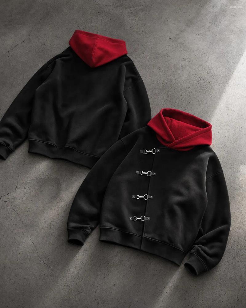 Mens Womens Black Red Hood Hoodie Metal Heavy Hook Closure Detail Streetwear Casual Fashion Sweatshirt Top Loose Fit Soft