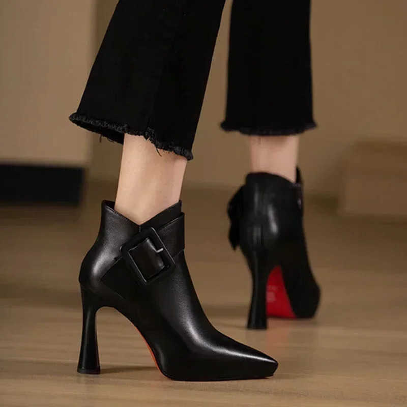 Heels Boots Women's Elegant High Ankle Boots 2025 Spring Belt Pu Leather Short Boots Woman Plus Size 43 Thin Heeled Party Shoes H260921