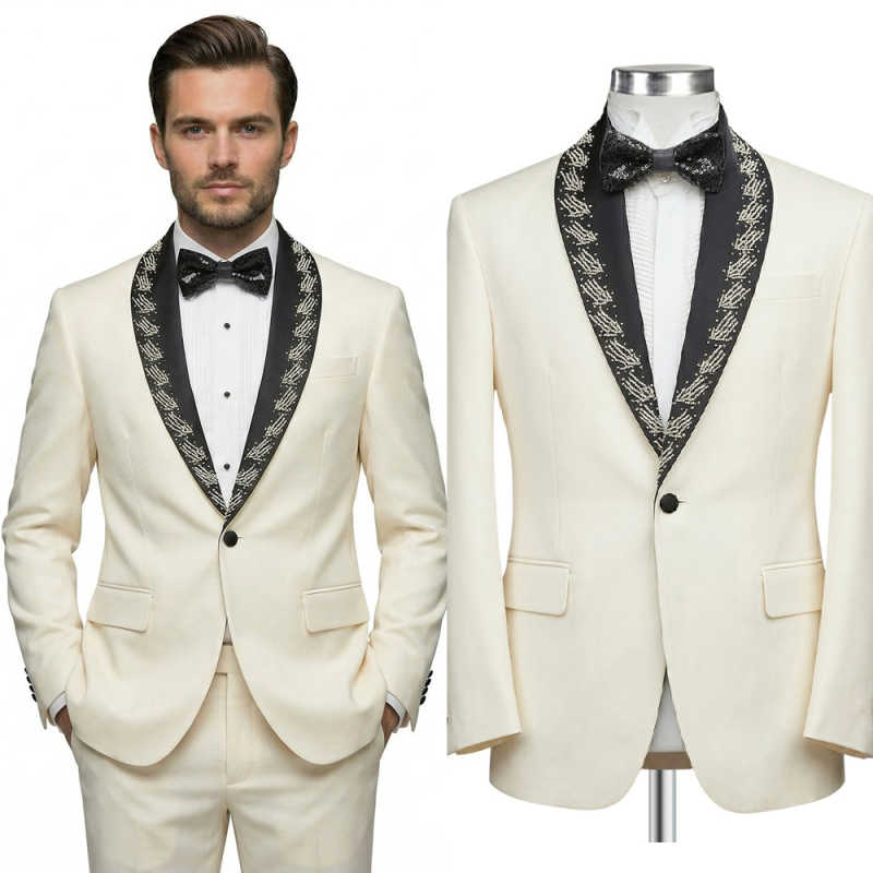 Abito da uomo di qualità superiore 2 pezzi decorativi cuciti bavero su misura cappotto pantaloni set ricamo a mano fine artigianale per la cerimonia