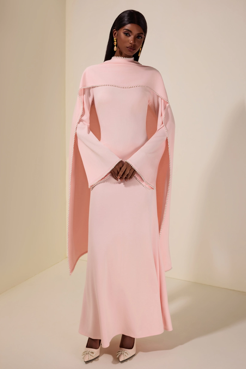 Classy Short Pink Chiffon Evening Dresses With Cape Mermaid Muslim Ankle Length Pleated Formal Occasion Prom Party Gowns