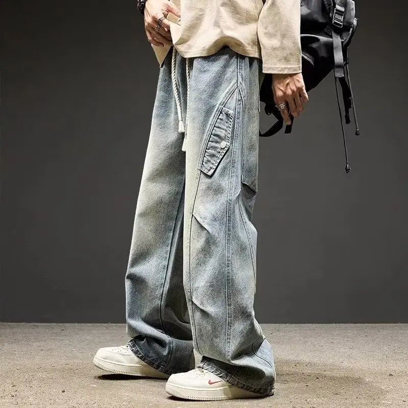 Korean High Street Retro Men'S Jeans Pleated Patchwork Paratroopers Autumn And Winter Loose Casual Straight Leg Pants 260920