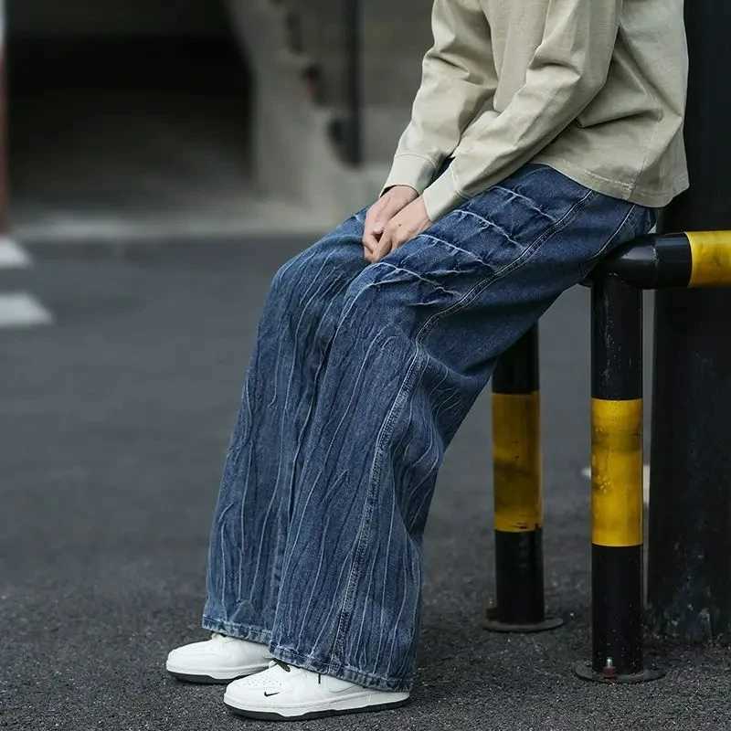 Lightning Pattern Jeans Men's American High Street Baggy Style Denim Pants Washed Vintage Fashion Wide-leg Floor-length Trousers S260921GJ6E