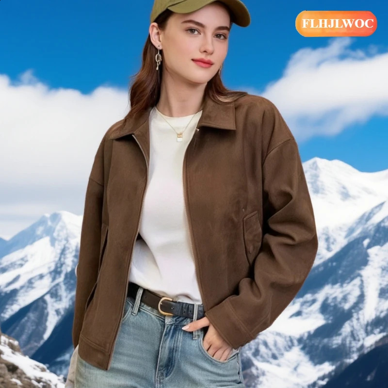 Winter Spring Outerwear FLHJLWOC Women Short Suede Jacket Retro Vintage Chic Lazy Style Cool Leather Coat Jackets 260920