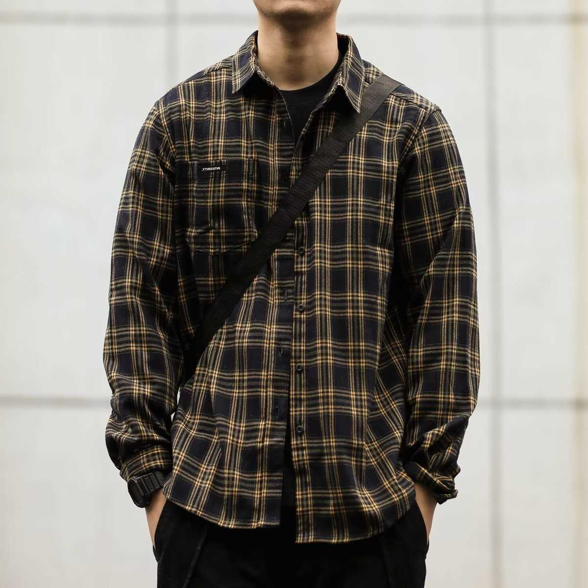 Casual Shirts Chic Retro Men's Black Yellow Plaid Flannel Shirt Men's Long Sleeve Button Down Casual Top Daily Streetwear H260921