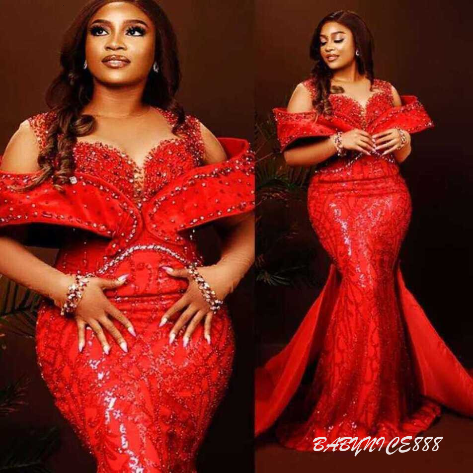 ASO EBI Red Plus Size Prom Dresses For African Women Beads Appliques Mermaid Formal Evening Gowns Reception Engagement Lux Robes de soiree