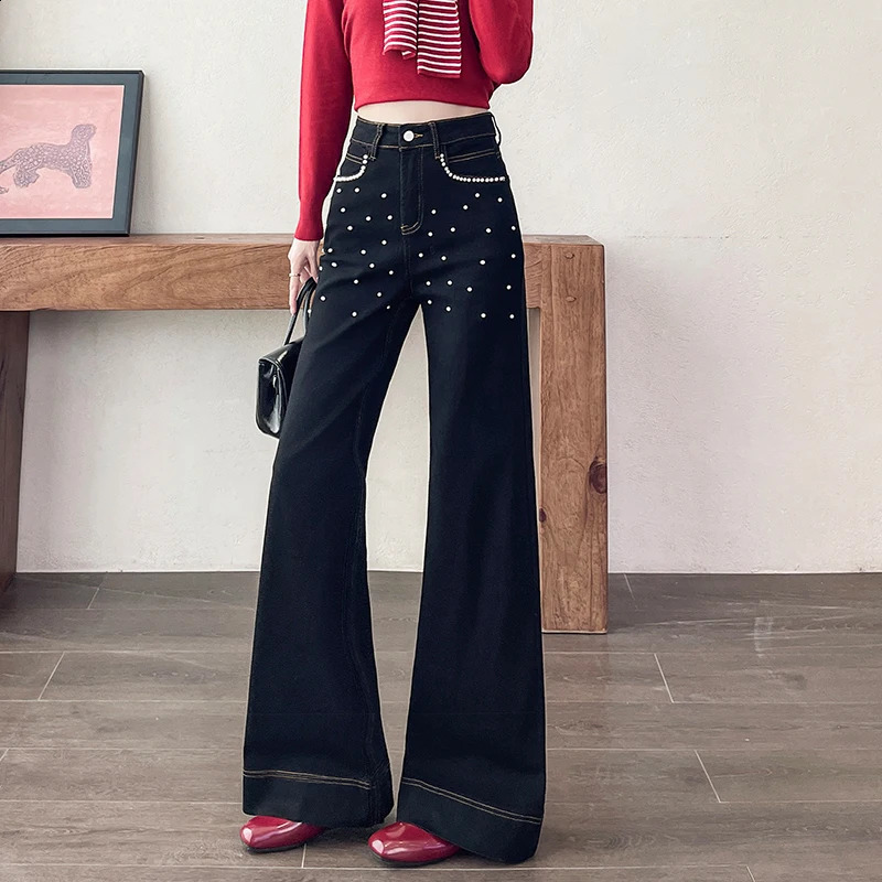 Jeans da donna a vita alta a gamba larga Pantaloni di jeans neri Pantaloni elasticizzati con perline in rilievo Cuciture a contrasto Pantaloni svasa