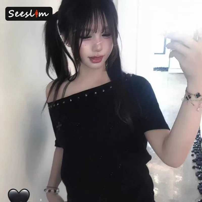Women's T-Shirt Seeslim Black Off Shoulder Cross Women's T-shirt Short Sleeve 2000s Clothes Y2k Summer Tops Tees Female Clothing Chic Vint