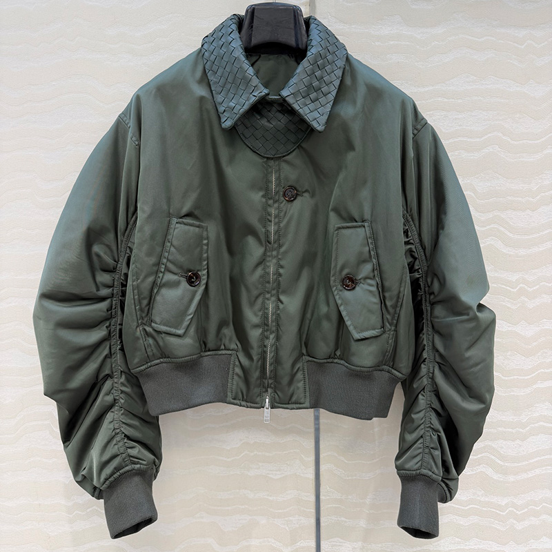 Designer Woman Vintage Cropped Bomber Jacket Ruched Sleeve Warm Coat Autumn Winter Outerwear
