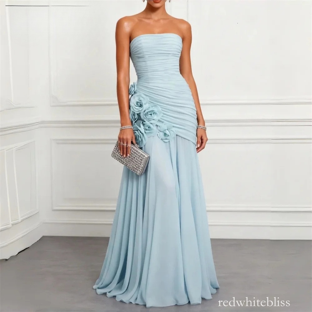 Abiti da sera moderni senza spalline in chiffon azzurro con fiori pieghe Sirena Abiti da sera da donna Abito da festa con lacci Robes De Soire Perso