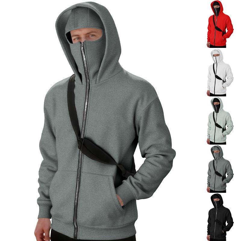 Mens Full Zip Hooded Sweatshirt Built In Face Cover Design Long Sleeve Fleece Jacket Front Kangaroo Pocket Ribbed Cuffs Casual Outerwear
