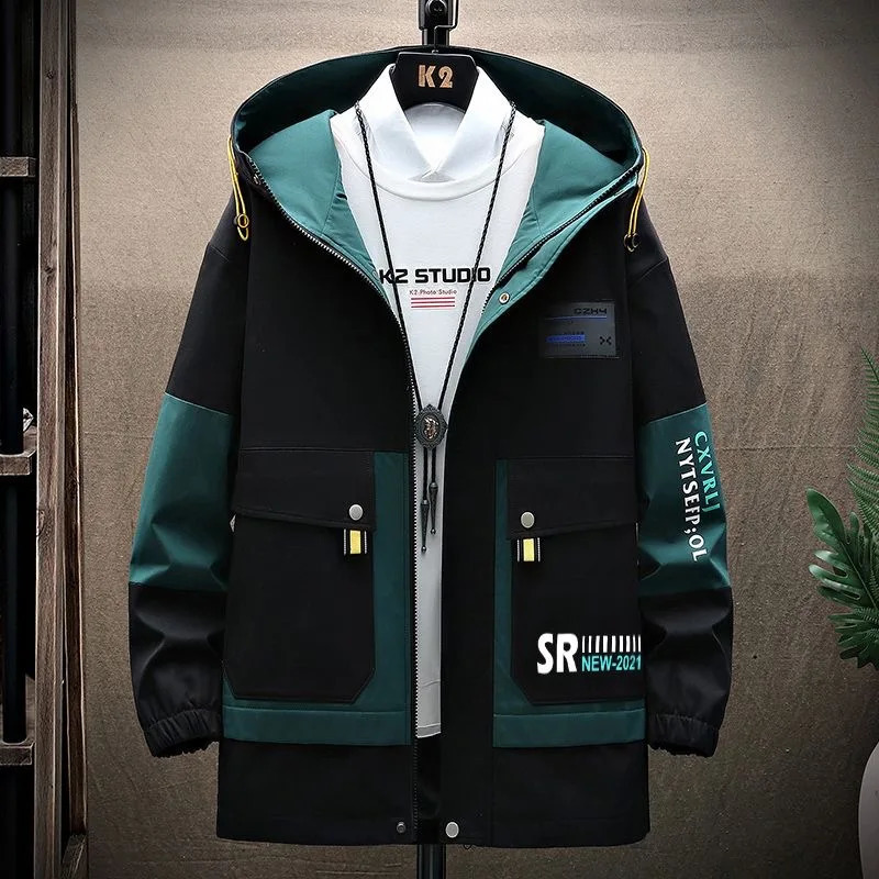 Autumn and Spring Fashion Trend Print Windproof Hooded Workwear Jacket Men's Casual Loose Vintage Sports High Quality Outerwear260921