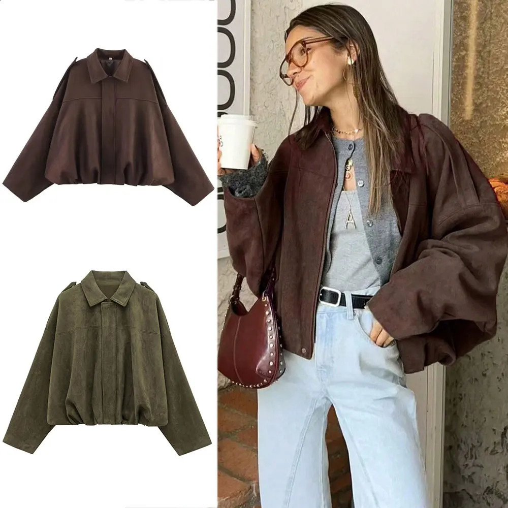 HH Women Fashion Coffee Brown Faux Suede Coat Long Sleeve Zipper Bomber Jacket Office Lady Loose Casual Oversize Jackets 260920