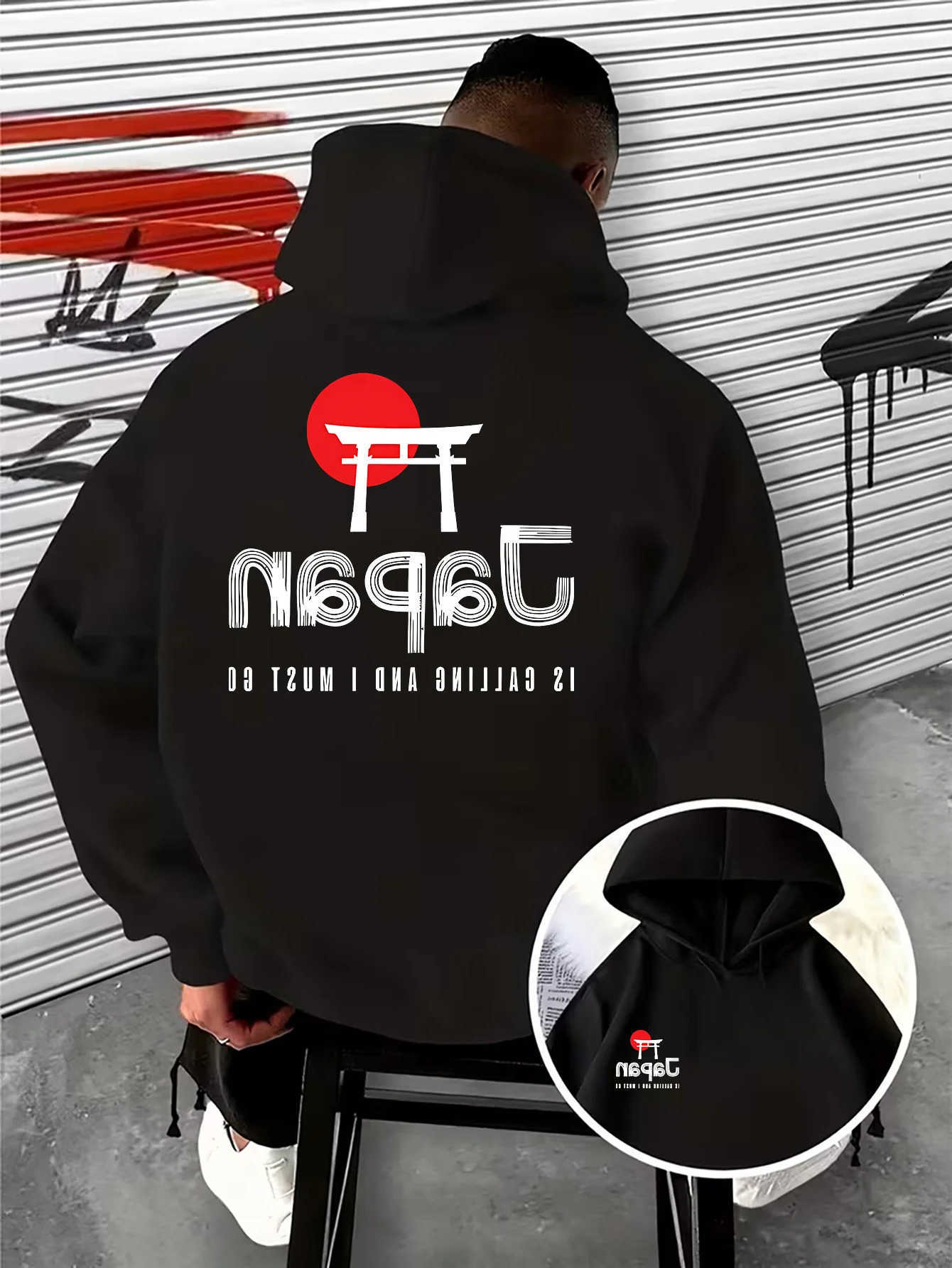 Men's Sweatshirts Men's Trendy Hoodies Aesthetic Travel Hoodie with Japanese Torii Gate and Sun Pattern - Retro Autumn/Winter Loose-fittin