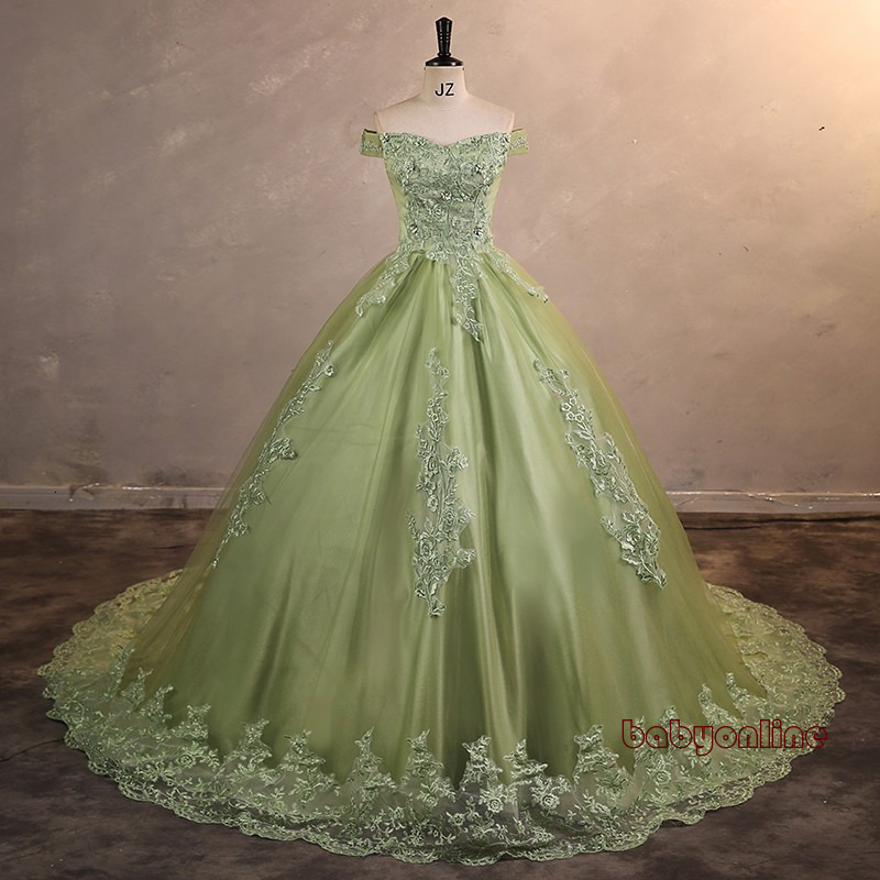 Elegant Green Quinceanera Dresses With Corset Bow Sash Back Ball Gown Off the Shoulder Appliques Teens Evening Party Dress Luxury Lace Prom Gown cus