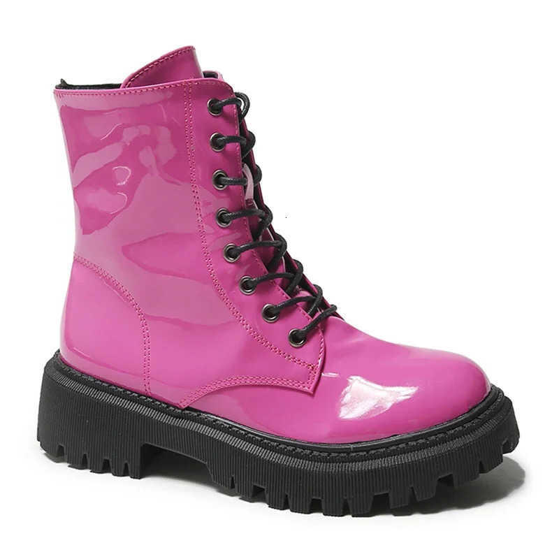 Botines rosas con cordones para mujer, botas de charol con plataforma para motocicleta, botines cortos con cremallera de tacón grueso para mujer H26