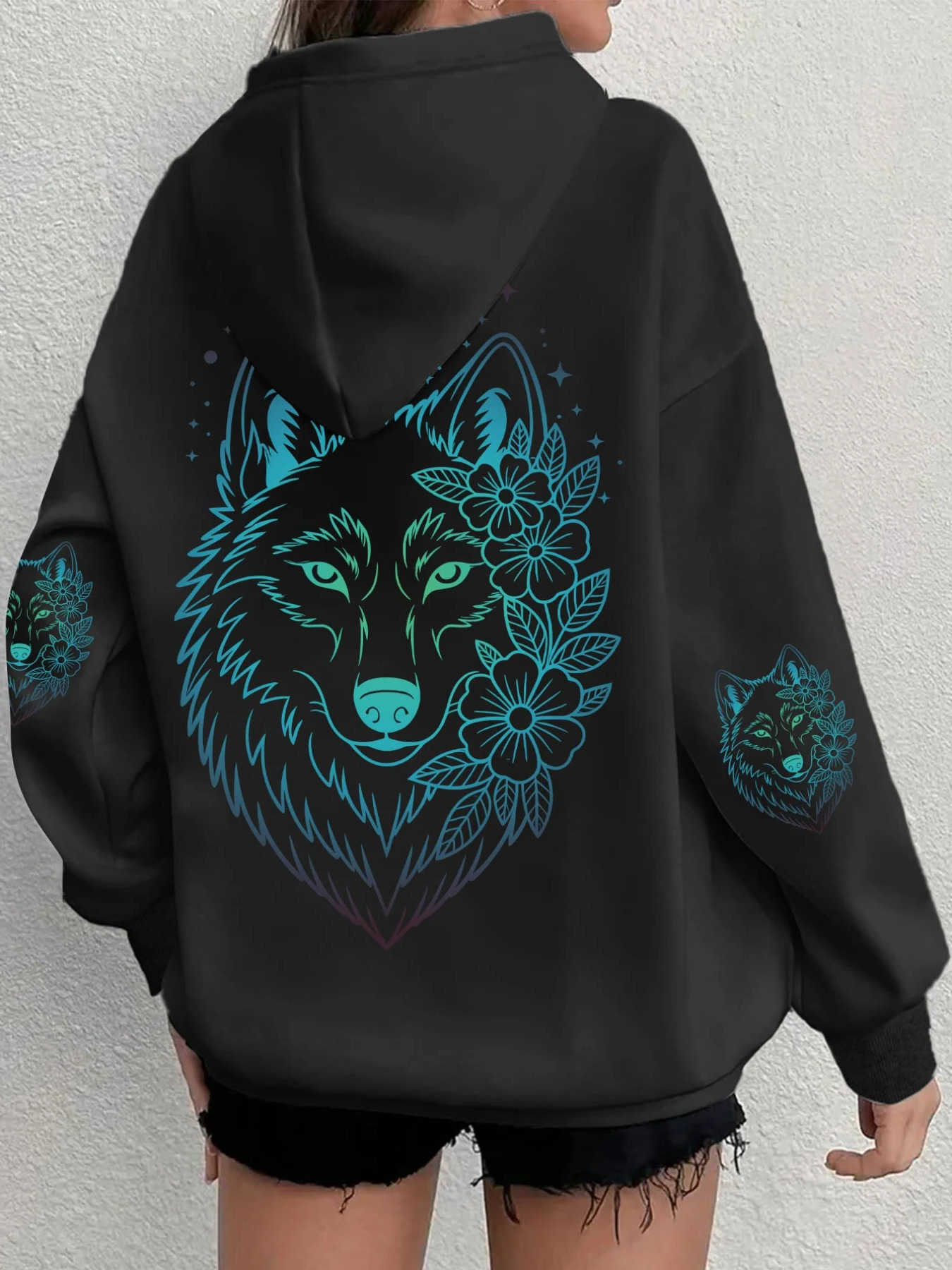 Men Sweatshirts Men's Street Hoodies Art Wolf Hoodie Boho Floral Wolf Graphic Back sleeve Print Hooded Sweatshirt Loose Hoodie for Men Women D2