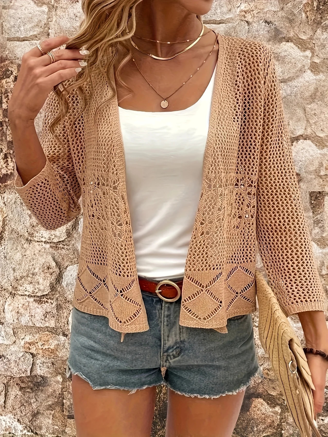 Solid Color Open Front Knit Cardigan Elegant Eyelet 34 Sleeve Coverup For Spring Summer Women's Clothing 260915