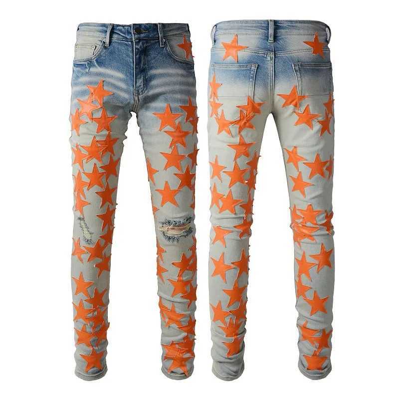 Men's Jeans Distressed Streetwear Light Blue Denim Pants Yellow Stars Patchwork Moustache Holes Ripped Jeans Pants S2609217FGG