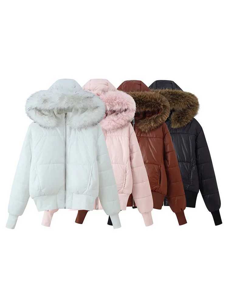 HH New Woman Winter Fashion Versatile Long Slves Zipper Faux Fur Trim Hooded Quilted Jacket Female Casual Strt Style Jacket T260829