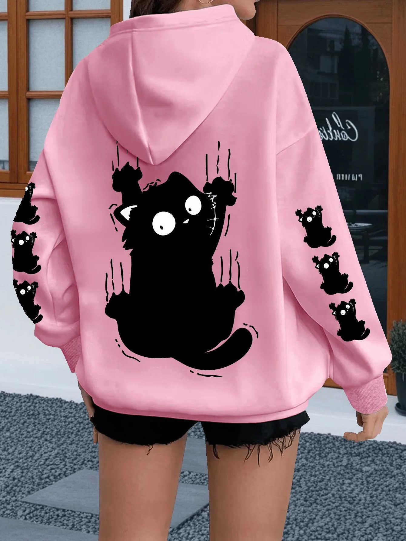Oversized Men's Women Hoodies Sweatshirts Hoodie Cute Scratch Black Cat Dual sleeve Print Pullover Sweatshirt Autumn Winter Harajuku Casual Str