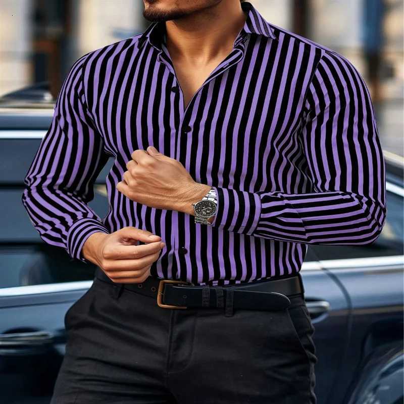 Stripe Men's Casual Shirts Simple Print Men's Long-sleeved shirts Fashion Lapel Single-Breasted Tops Business Casual Style Men Social Shir
