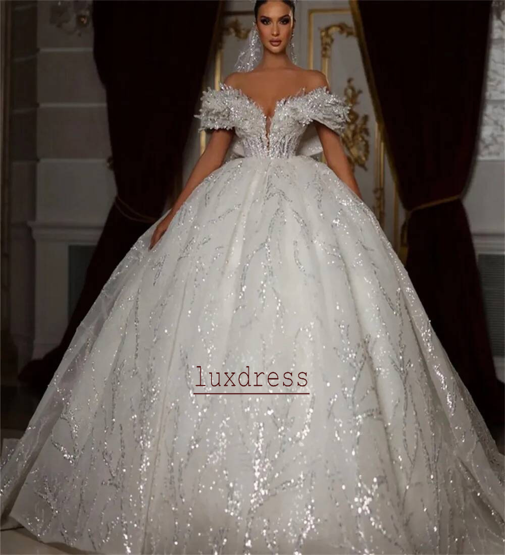 White Wedding Dresses Ivory Bridal Gowns New A Line Sequins Beaded Custom Zipper Lace Up Plus Size Formal Crystal Gorgeous Sequined Off Shoulder Sle