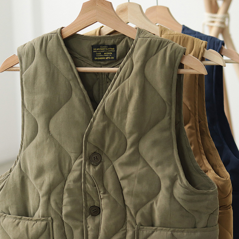 Vintage Amekaji Waistcoat Men Autumn Winter New V-neck Multi-pocket Quilting Military Style Meniscus Cotton Hunting Vest J260921