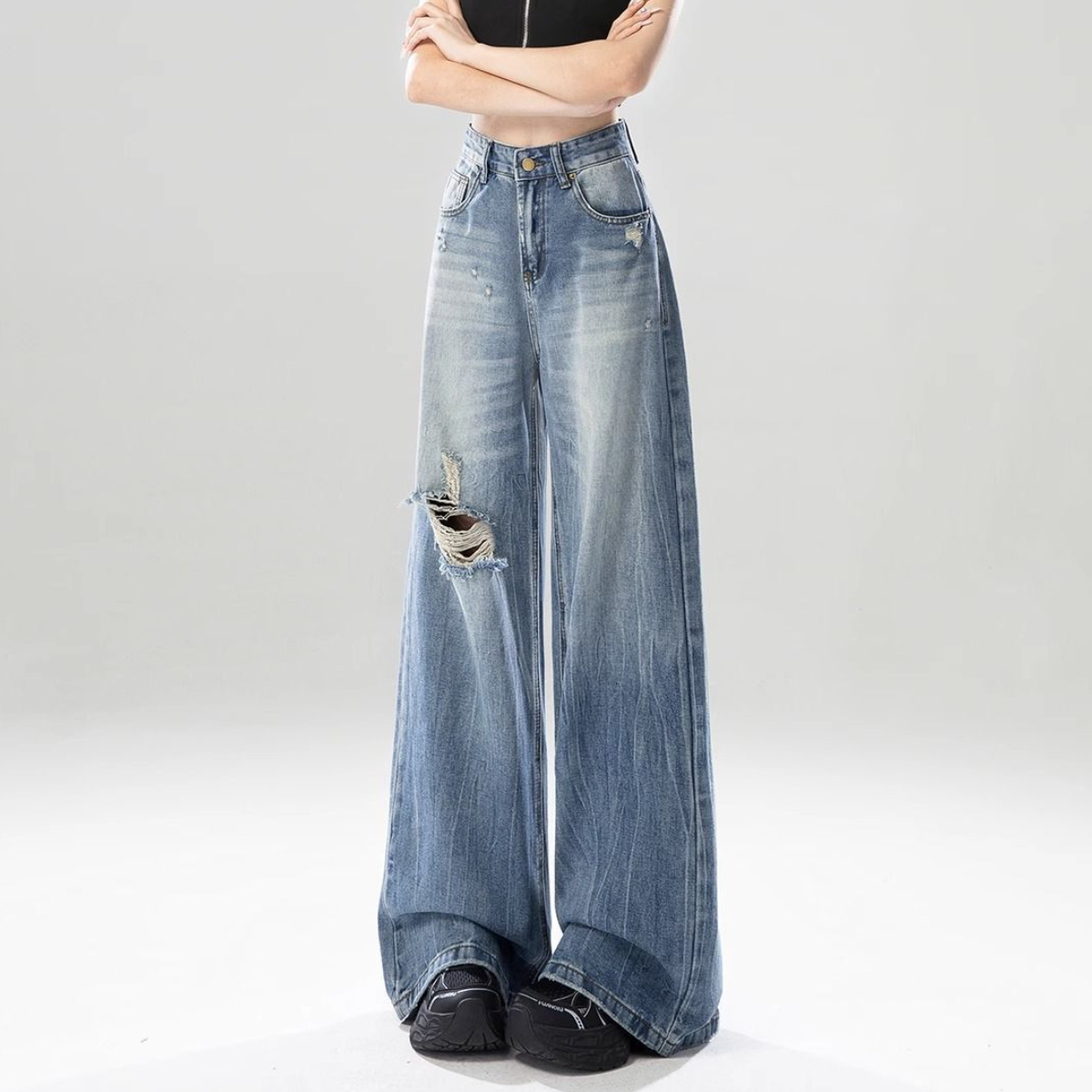 Ripped Jeans For Women,Spring/Autumn Style, Thin Style, New Model, High-Waisted, Straight-Leg, Slimming, Wide-Leg Long Pants MAKOUFEI