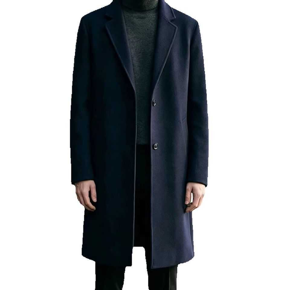 Classic Men's Wool Men's Blends Overcoat Long Wool Material Single Breasted Notched Lapel Slim Straight Cut Solid Weave Tailoring Formal B