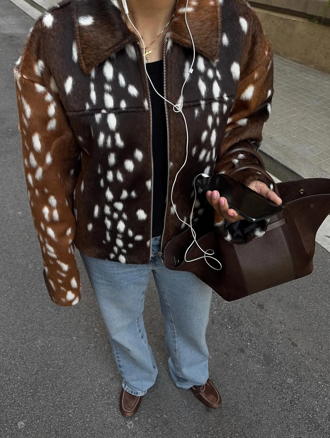 Fashion Deer Spot Lapel Zipper Short Jacket Vintage Loose Long Sleeved Coat Suitable For Daily Wear In Spring And Autumn 2026 260920