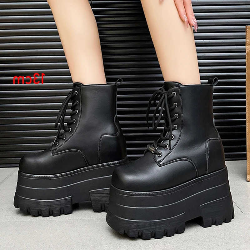 Plataforma 13 CM Botas Botas de mujer Zapatos casuales al aire libre Chunky Simple Lace Up Design Botines Cool Nightclub Party Zapatos negros 35-43