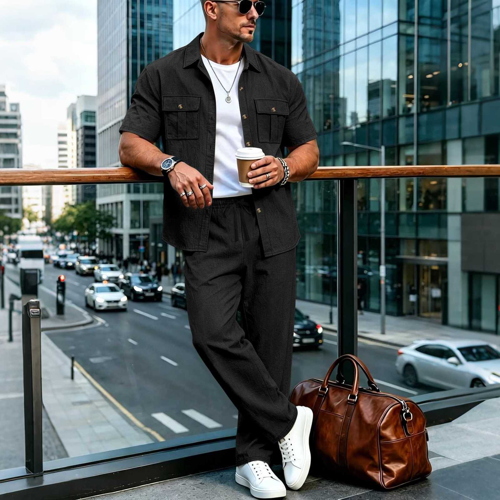 Summer Men's Casual Men's Shirts Linen Comfortable Breathable Loose-Fitting Beach Casual Simple Double-Pocket Workwear Short-Sleeved Shirt