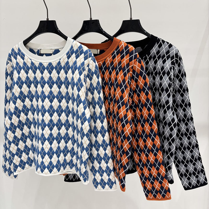 Women Designer Argyle Knit Tops Loose Round Neck Long Sleeve Pullovers Autumn Street Versatile Knitwear for Women