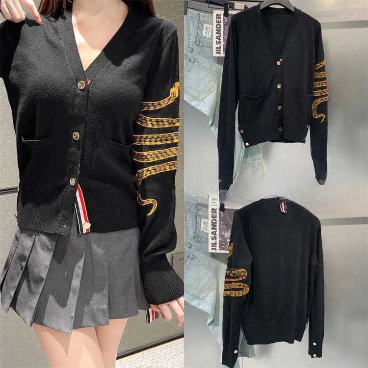 Elegant Long Sleeve Knitted Cardigan Vest V-Neck Embroidery Snake Charm Golden Button For Home Use Women's Fashion Business S...