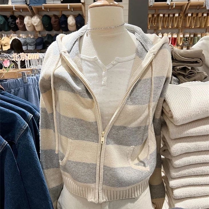 Striped Knitted Cropped Sweater Cardigan Women Autumn Long Sleeve Hooded Zipper Short Streetwear Knitwear Sweaters Y2K Crop Tops y260918