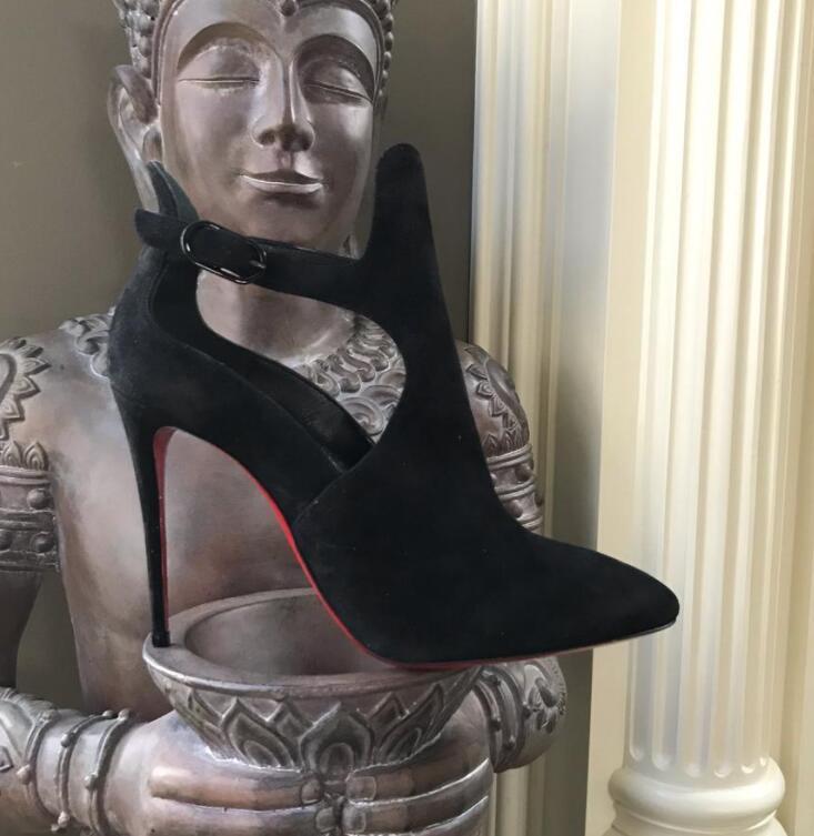 Famoso diseño Bota de tobillo con fondo rojo Verano Canadada Botines recortados Cuero de gamuza Tacones altos Punta estrecha Mujer Señora Fiesta sex