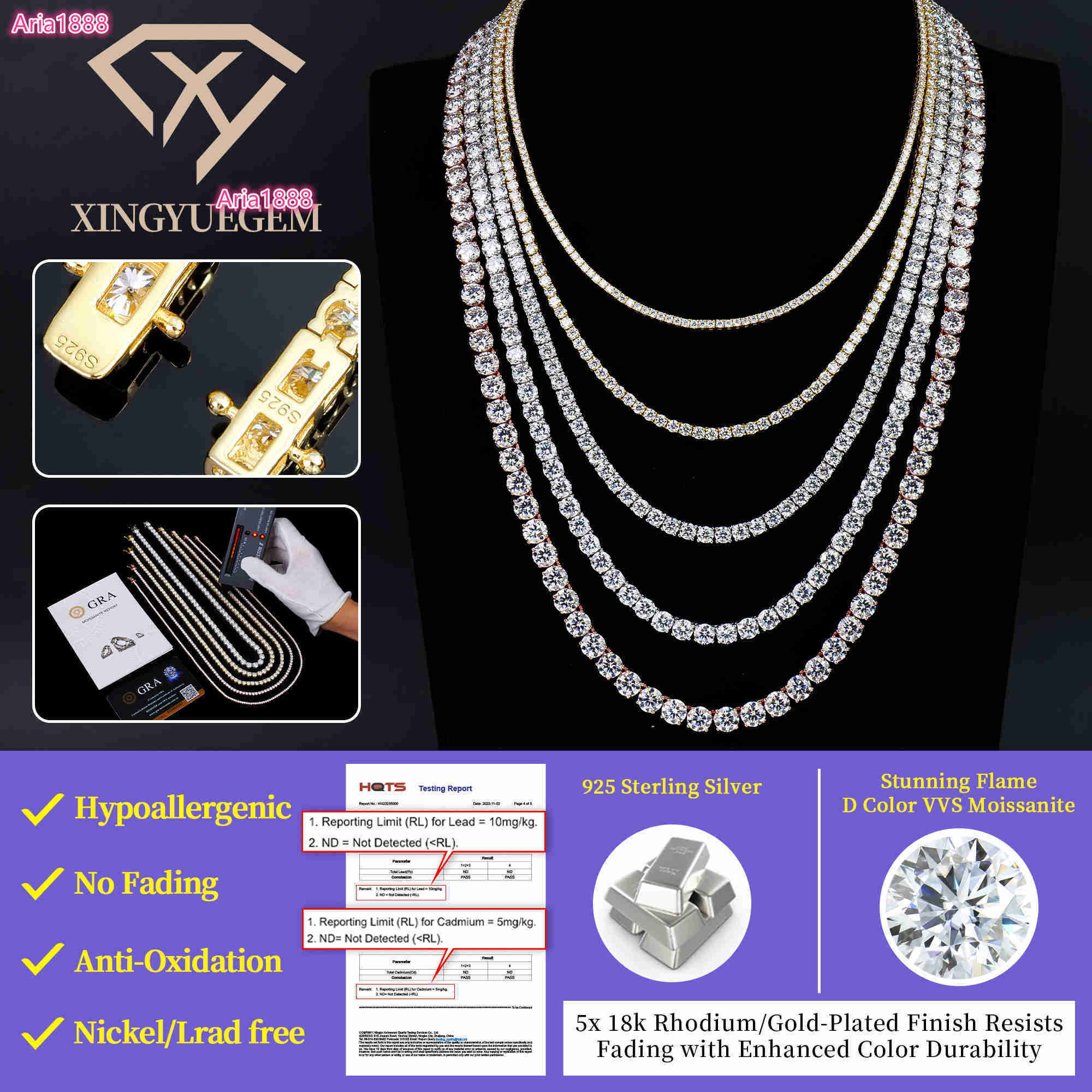 Fine Jewelry Hip Hop Bling S925 Silver 4mm GRA VVS Moissanite Iced Out Tennis Chain Necklace for Men Women
